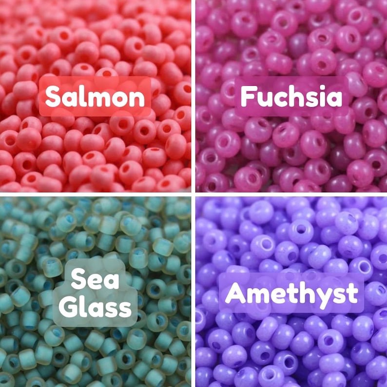 May include: Close-up of four sections of beads in various colors: salmon, fuchsia, sea glass, and amethyst. Each section has a label with the color name. The beads are small and round, perfect for jewelry making or crafts.