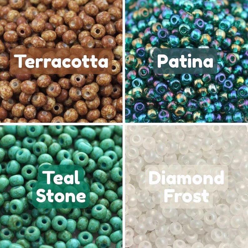 May include: A square image showcasing four different bead colors: Terracotta, Patina, Teal Stone, and Diamond Frost. The beads are small and round, perfect for jewelry making or crafting. Each color is labeled with a white text box.