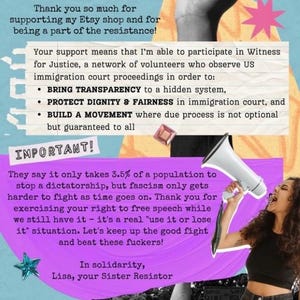 May include: A graphic with text supporting an Etsy shop and resistance. The text includes phrases like "Bring Transparency," "Protect Dignity & Fairness," and "Build a Movement." A woman is holding a megaphone.