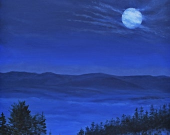 Blue Ridge Mountains, Smoky Mountain Moon, 24 X 30, Original Painting on Canvas, Foust, Night Painting,