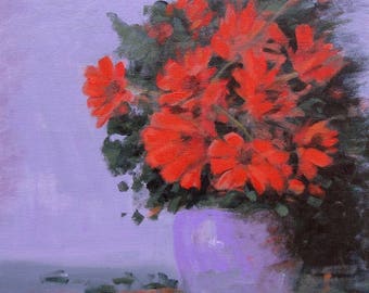 Red flowers Purple background Original painting on canvas Still life 11 x 14 Ready to hang Foust Handmade Flowers painting