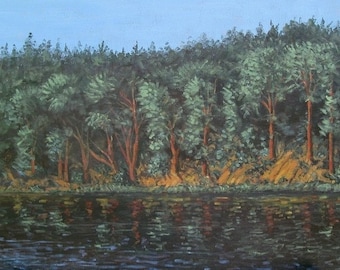 original landscape, painting on canvas, river, woods, Foust, 18 X 30.