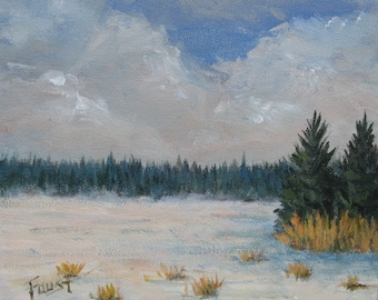 winter landscape, scenic landscape, original painting, canvas art, foust, clouds, snow,