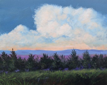 purple and green landscape, landscape with clouds, sunset, foust, mountains, trees, clouds, original painting, canvas art,