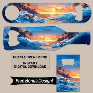 Abridor de botellas ovalado con forma de tortuga marina y olas de playa, diseño de sublimación PNG, llave de barra, descarga digital para decoración de bar, regalo para amantes de la playa