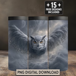 May include: A tumbler featuring a detailed illustration of a snowy owl in flight against a cloudy sky. The owl has yellow eyes and outstretched wings. The text "+15 FREE DESIGNS INCLUDED" and "PNG DIGITAL DOWNLOAD" are also visible.