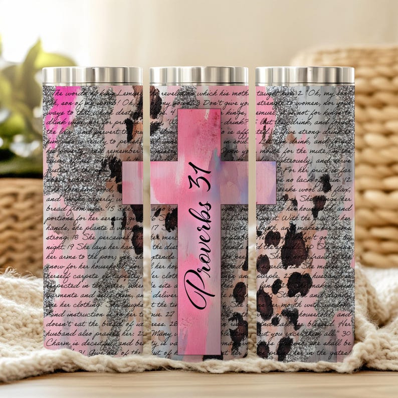 Christian Woman Glitter Leopard Print 20 oz Tumbler Wrap Gift for Working Mom Proverbs 31 Gift for Boss Wrap Working Girl with Integrity PNG image 5