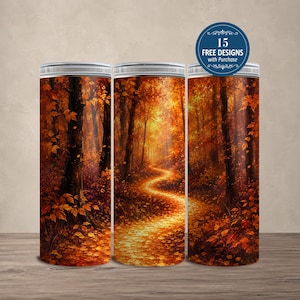 Rivestimento per bicchiere termico da 20 oz con motivo "Sentiero nella foresta autunnale", scena boschiva autunnale, design rustico accogliente (download digitale) 130