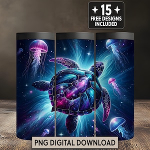 Galaxy Sea Turtle 20 oz Tumbler Wrap PNG Digital Download Cosmic Ocean Jellyfish Fantasy Bright Coloration Gift for Her Sublimation Design