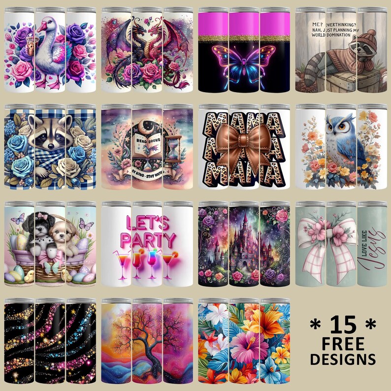 Bonus design preview showing a variety of 20oz skinny tumbler wrap PNG designs including animals, flowers, Christian, patriotic, sports, beach, western and colorful sublimation themes. Includes 15 free digital tumbler designs with purchase.