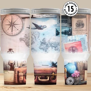 Carte du monde de voyage 40 oz, emballage de boussole et collage vintage, aventure en avion, cadeau pour les amateurs de voyage, PNG pour sublimation