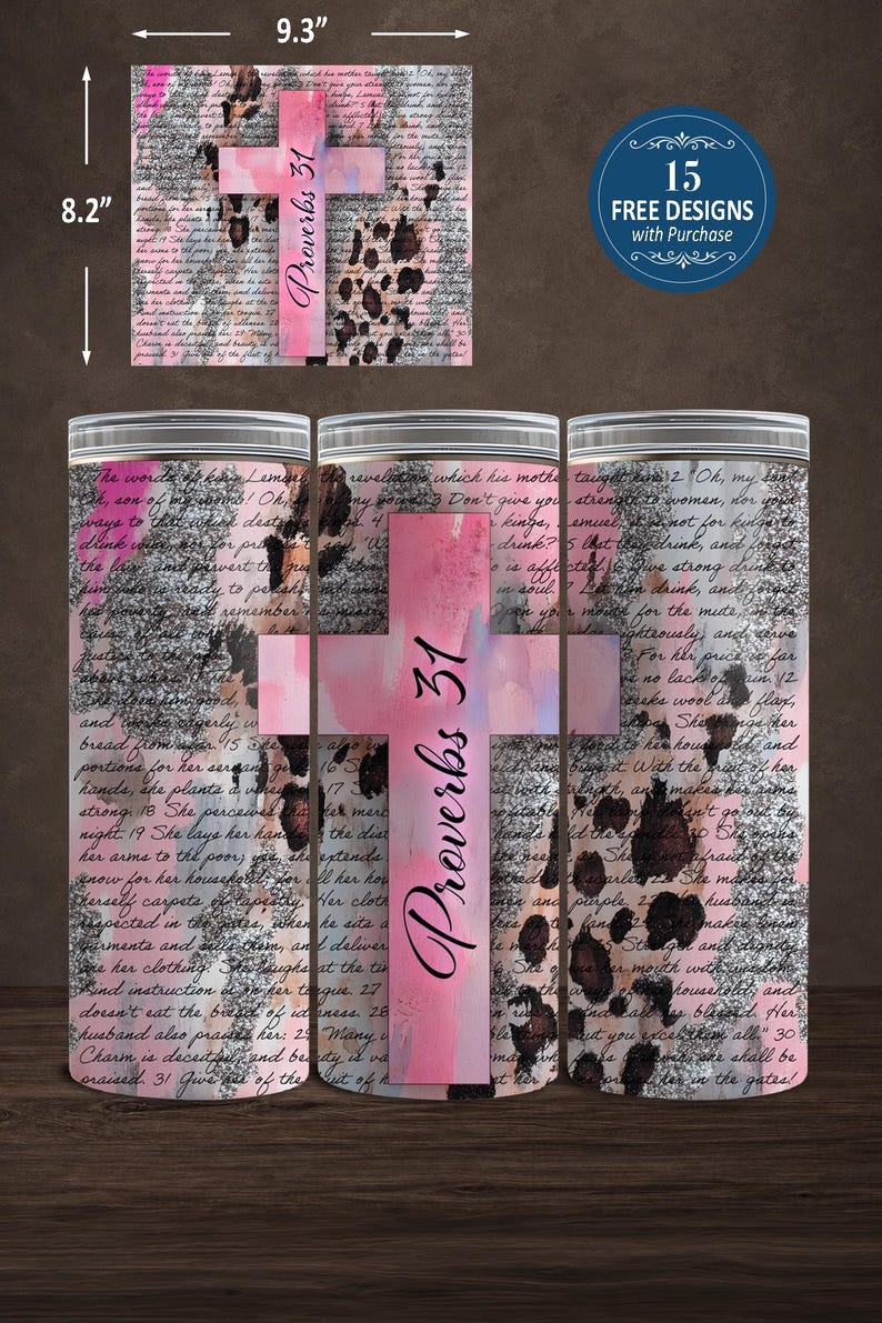 Pinterest style mockup showing the design from listing image 1 wrapped around three 20oz skinny tumblers. Top graphic shows the full 9.3 x 8.2 inch sublimation wrap design and 15 free bonus designs with purchase. Digital PNG tumbler wrap for sublimation printing, mug making and craft projects.