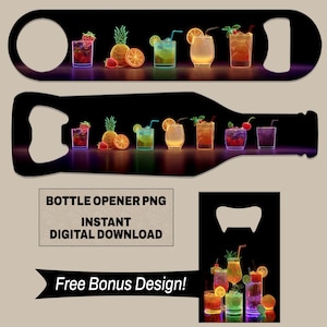 Op de afbeelding: Een zwart flesopenerontwerp met een reeks levendige, oplichtende neon-stijl cocktailillustraties. De afbeeldingen bevatten diverse glazen gevuld met kleurrijke drankjes, gegarneerd met verse fruitplakjes, bessen en muntblaadjes tegen een donkere achtergrond.