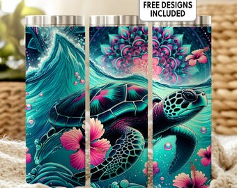 May include: A cylindrical tumbler featuring a sea turtle swimming through teal ocean waves with pink hibiscus flowers and a mandala pattern. The design includes text that reads 15 FREE DESIGNS INCLUDED and PNG DIGITAL DOWNLOAD.