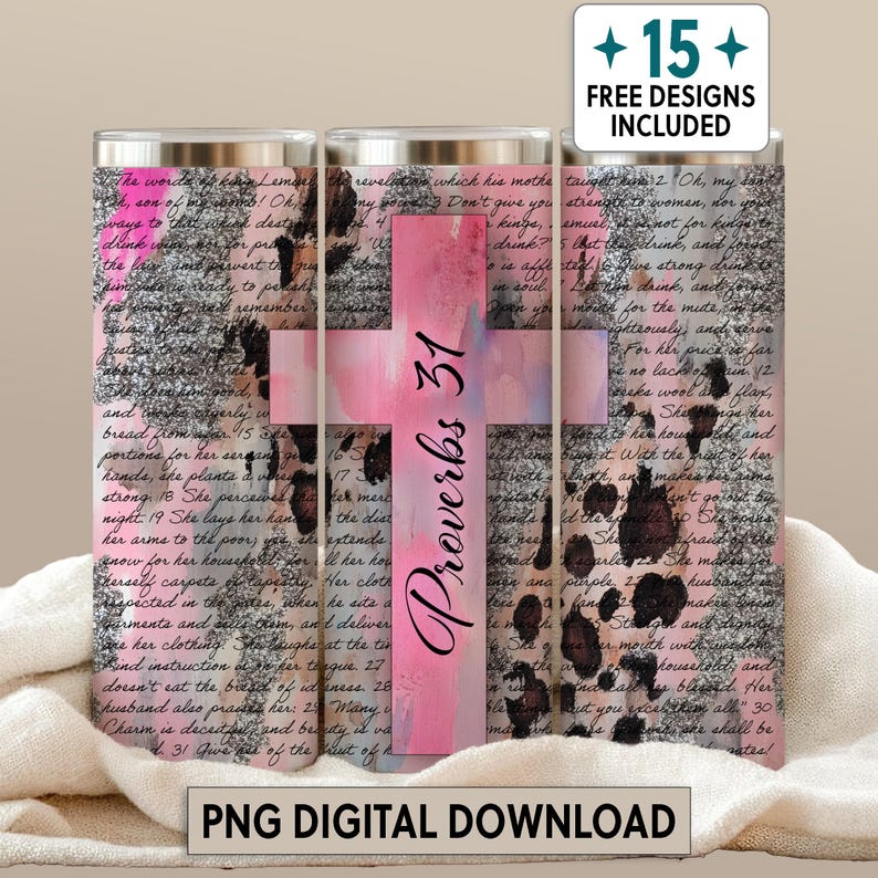 Christian Woman Glitter Leopard Print 20 oz Tumbler Wrap Gift for Working Mom Proverbs 31 Gift for Boss Wrap Working Girl with Integrity PNG image 1