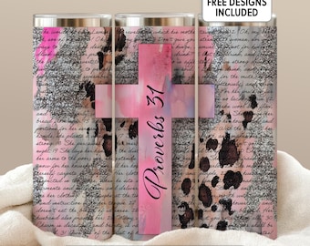 Christliche Frau Glitter Leopardenmuster 20 oz Tumbler Wrap Geschenk für die Arbeitsmutter Sprüche 31 Geschenk für den Boss Wrap funktionstüchtiges Mädchen mit PNG