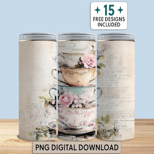 Vintage Teacup Roses 20 oz Tumbler Wrap Digital Download PNG Seamless Sublimation Design Shabby Chic Floral Retro Drinkware Gift for Her