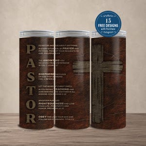 Pastor Scripture 20 oz Tumbler Wrap Leather Cross Bible Verse Gift for Pastor PNG Digital Download