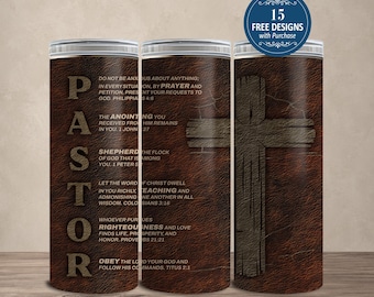 Pastor Scripture 20oz Tumbler Wrap Leather Cross Bible Verse Gift for Pastor PNG Digital Download