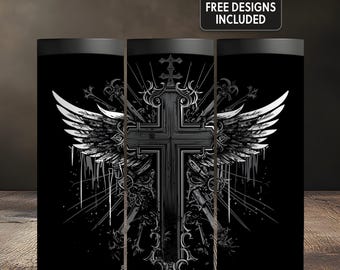 Herren Grunge Kreuz mit Flügeln 20 Unzen Tumbler Wrap Bold Tattoo Style Digitaler Download PNG Nahtlose Sublimation Religiöse Geschenkidee für Ihn