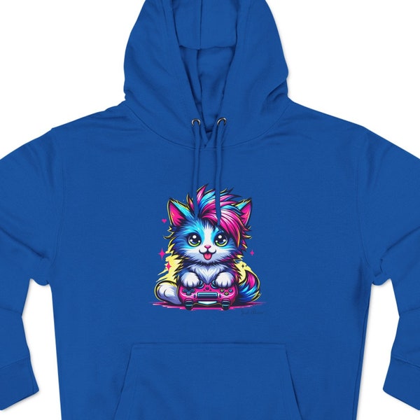 Unisex Mohawk Cat Gamer Hoodie - Pink Blue Cat Lover Funny Video Game Inspired Hoodie - Kitty Gamer - Colorful Gamers Best Cute Gift Idea!