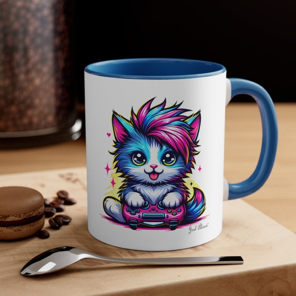 Mohawk Cat Gamer Mug Cat Lover Funny Video Game Inspired Coffee Tea Cup Kitty Gamer Colorful Kitten Gamers Best Funny Gift Idea!  11oz Mug