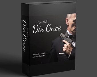 Könnte beinhalten: Schwarze Box mit dem Text "You Only Die Once" in weißer Kursivschrift. Die Box zeigt einen Mann im schwarzen Anzug, der eine Waffe hält. Der Text "Interactive Murder Mystery Party Kit" befindet sich ebenfalls auf der Box.