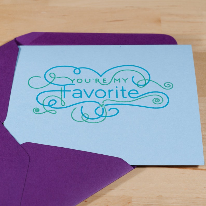 Valentine Card You're My Favorite hand printed on pale blue image 2