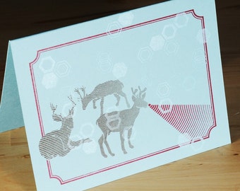Set of 6 Hand-printed Holiday Cards -- Death Ray Rudolph on blue