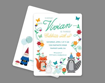 May include: A birthday invitation with a whimsical woodland theme. The invitation features a green leafy border with colorful flowers and butterflies. The text reads "Yippee! Vivian is Three! Celebrate with us" and includes details for the party, including the date, time, and location.