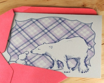 Set of 6 Hand-printed Polar Bear and Snowman Cards -- Grey