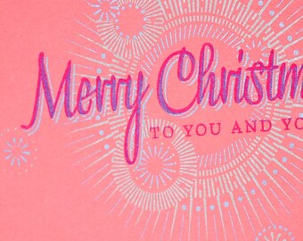 Christmas Cards -- Merry Christmas lens flare on pink -- Set of 6 Hand-printed cards