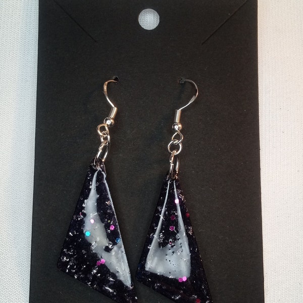 Handmade Triangle Shaped Black with Silver Flakes and Blue and Magenta Glitter Dangle Resin Earrings