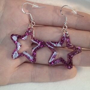 Handmade Purple and Magenta Glitter Star Dangle Resin Earrings