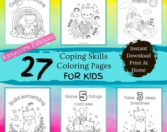 Coping Skills Coloring Pages for Kids- Kittycorn Edition, Fun Emotional Support Activities, Printable Unicorn Cats Coloring, Mental Health