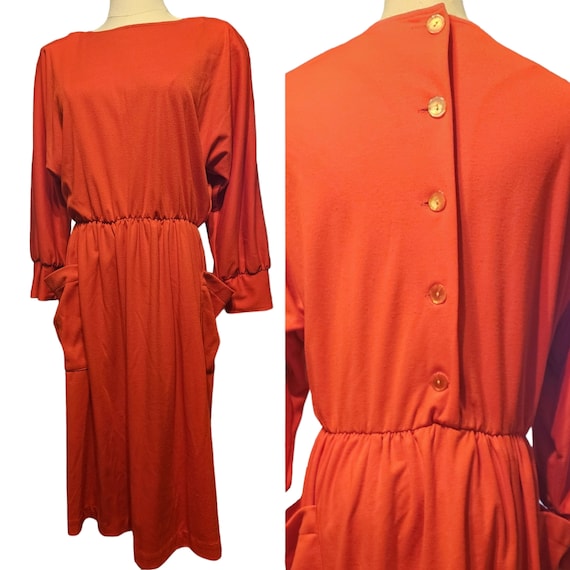 80s Vintage Red Dress with Pockets Button Up Back… - image 1