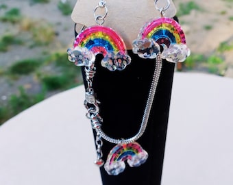 Rainbow With Cloud Pride Jewelry | Handmade Pride Earring, Snake Chain Bracelet, Necklace | Resin Pendant & Acrylic Beads |