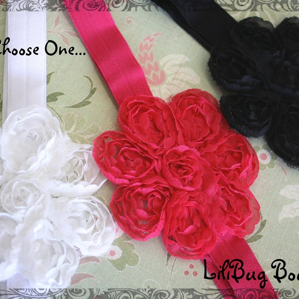 LiliBug YOU CHOOSE the Color Chiffon Rosette Flower Elastic Headband - Black Pink White - Newborn to Adult