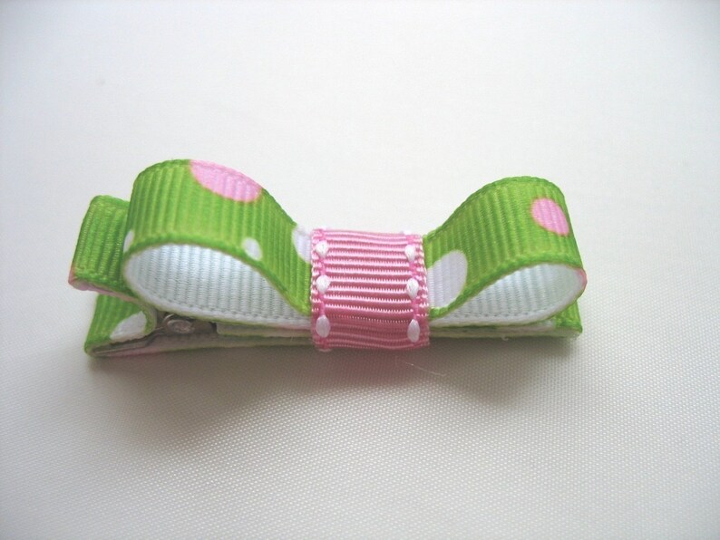 LiliBug Spring Green and Pink Dot Bow and Clippie Set image 2