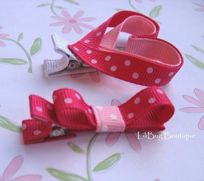 LiliBug Pink Polka Dot Heart Hair Clippie Set image 2