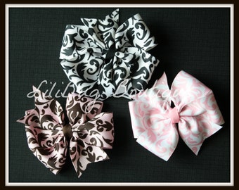 LiliBug Damask Hair Bow - YOU PICK COLOR - Pink Brown Black