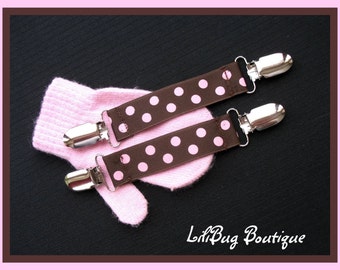 LiliBug Pink and Chocolate Brown Dot Mitten Clip Set - Attaches Gloves to Coat - Great for GIRLS