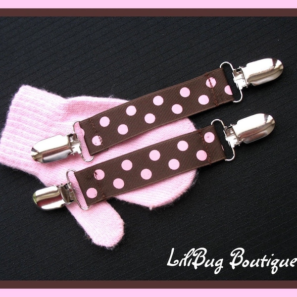LiliBug Pink and Chocolate Brown Dot Mitten Clip Set - Attaches Gloves to Coat - Great for GIRLS