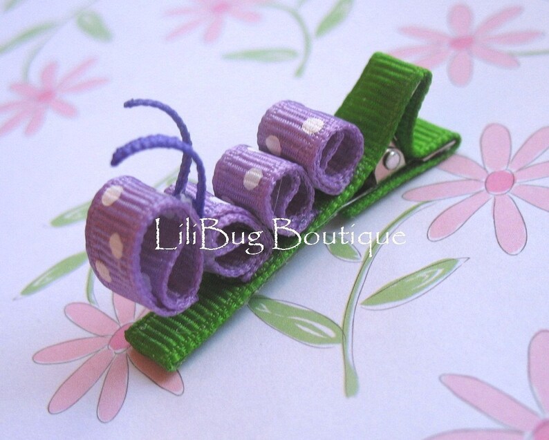 LiliBug Caterpillar Hair Clip  Purple and White Polka Dot image 2