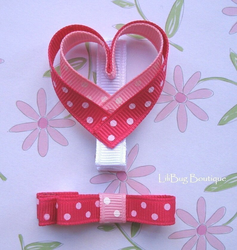 LiliBug Pink Polka Dot Heart Hair Clippie Set image 3