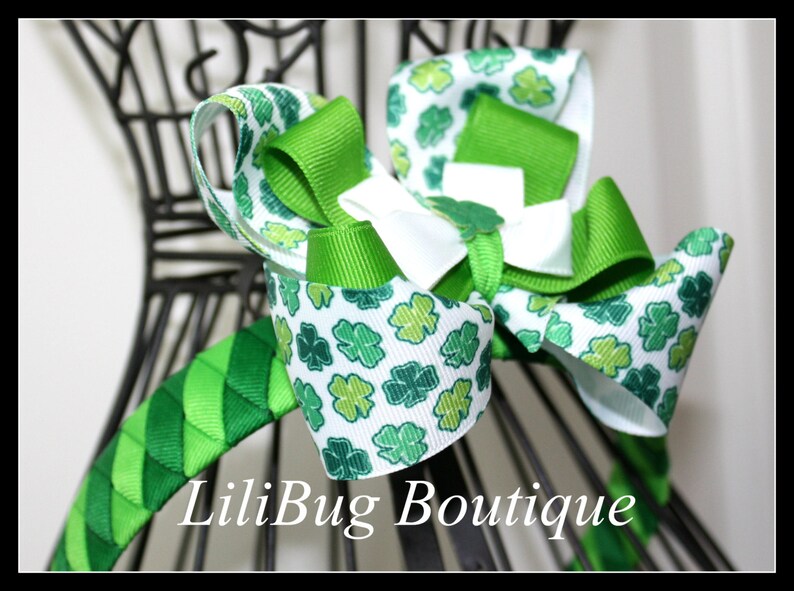 LiliBug Shamrock St Patricks Day Woven Headband and Hairbow image 1