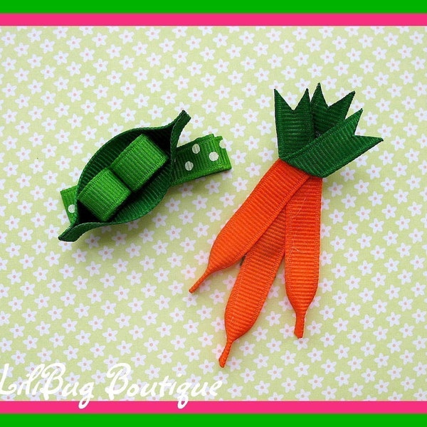 LiliBug Peas and Carrots Hair Clip Set - Great for Easter and Spring