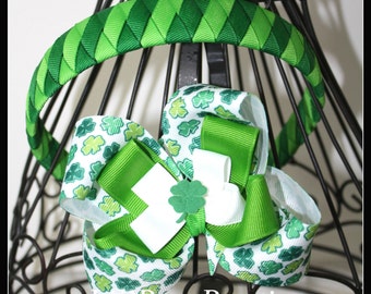 LiliBug Shamrock St Patricks Day Woven Headband and Hairbow Set