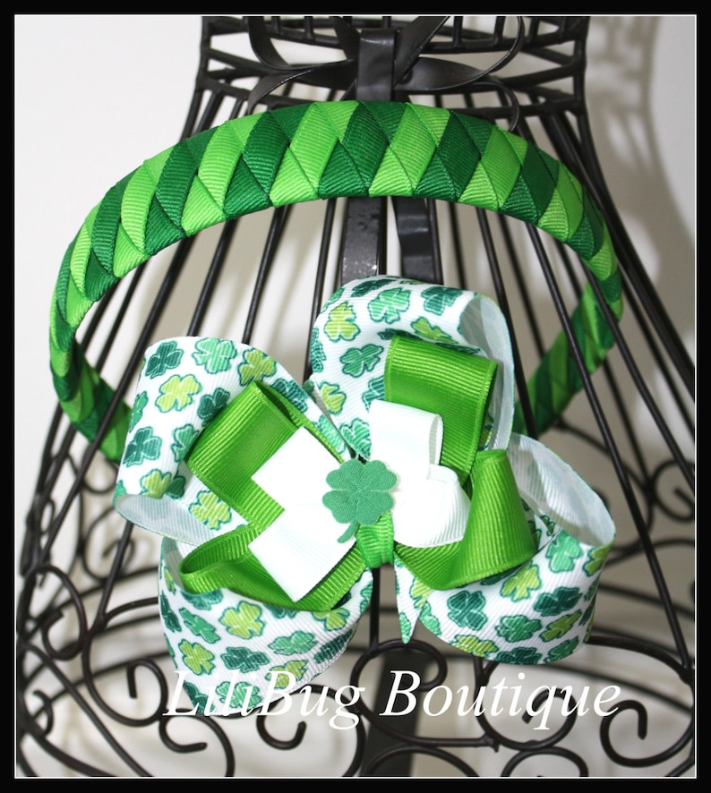 LiliBug Shamrock St Patricks Day Woven Headband and Hairbow image 0