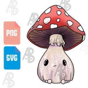 May include: A cartoon illustration of a red and white mushroom with a purple and white stem. The mushroom has a happy face with large eyes and a small smile.